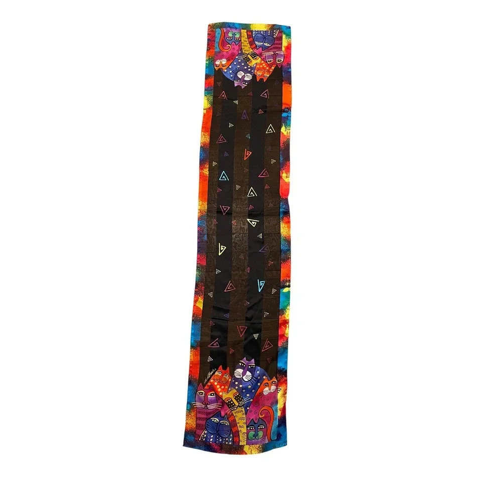 Laurel Burch Silk Scarf Multi Color Cat‎ Art Print Long Rectangle 2015